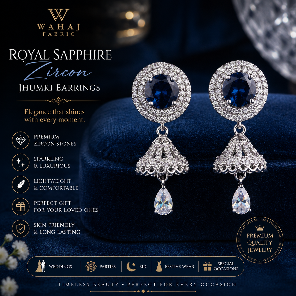Royal Sapphire Blue Zircon Jhumki Earrings