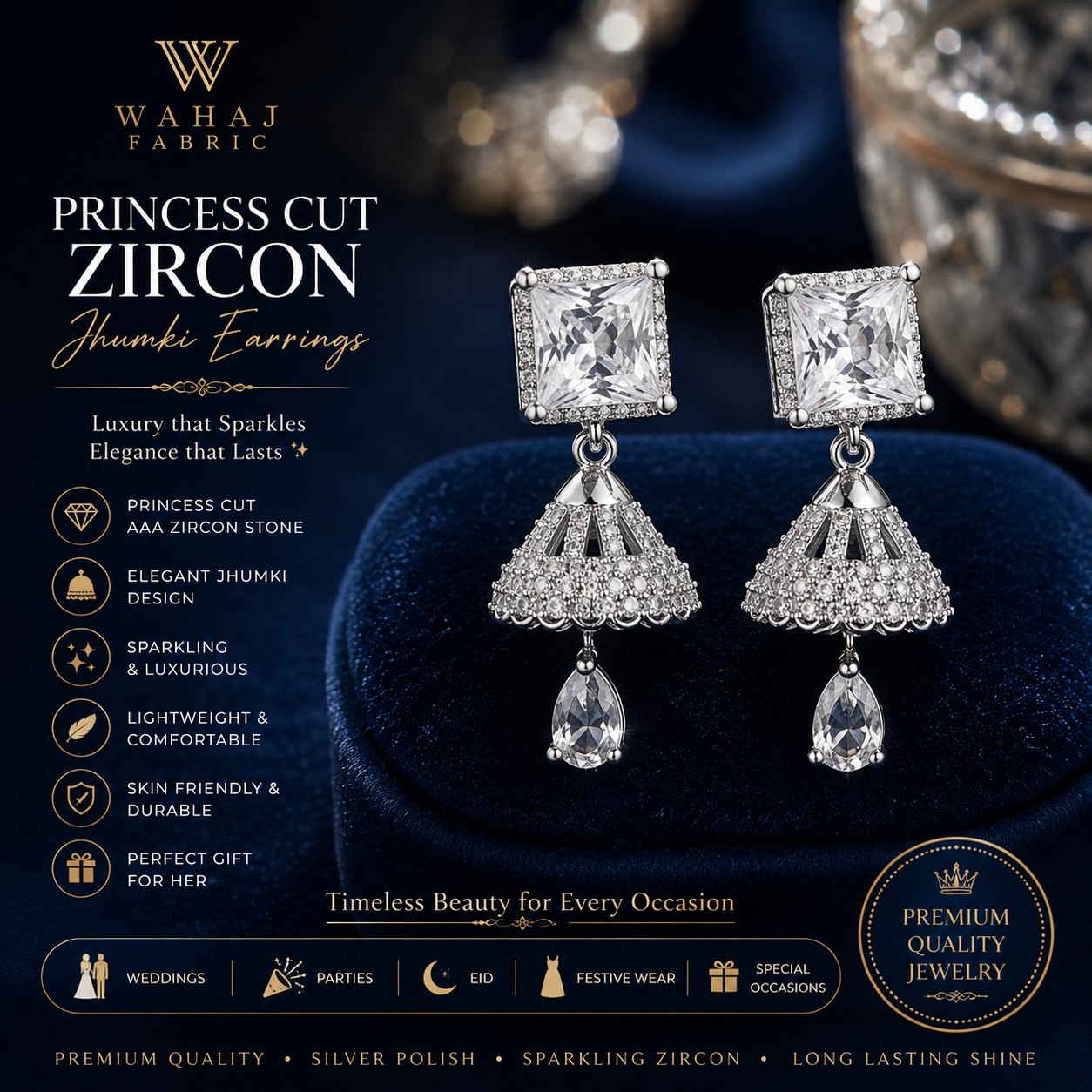 Princess Cut Zircon Jhumki Earrings