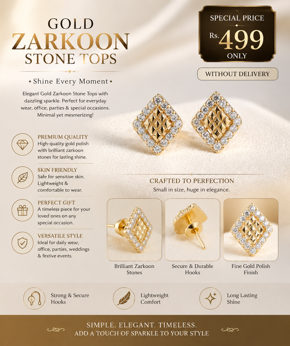 Luxury Gold Zarkoon Stone Tops for Women | Premium Stud Earrings