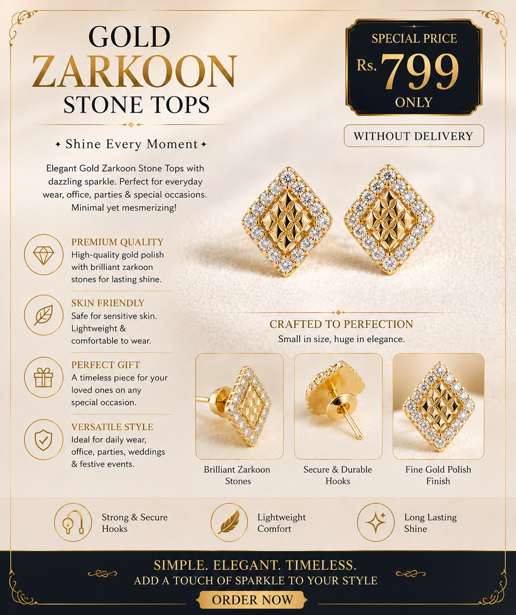 Luxury Gold Zarkoon Stone Tops for Women | Premium Stud Earrings