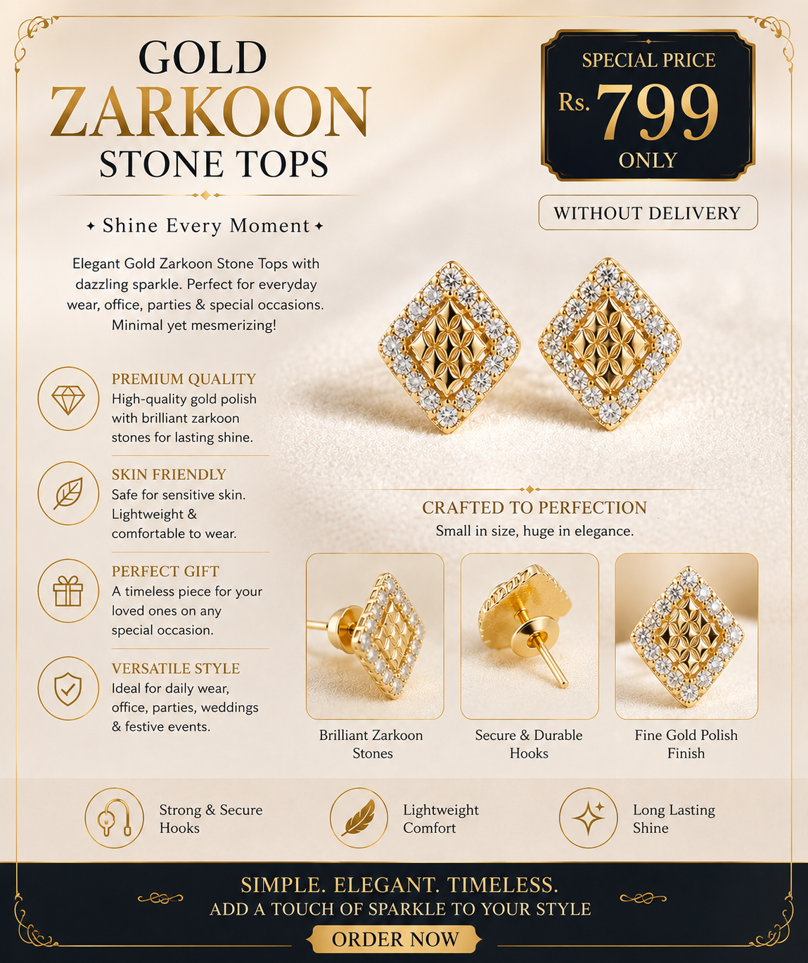 Luxury Gold Zarkoon Stone Tops for Women | Premium Stud Earrings