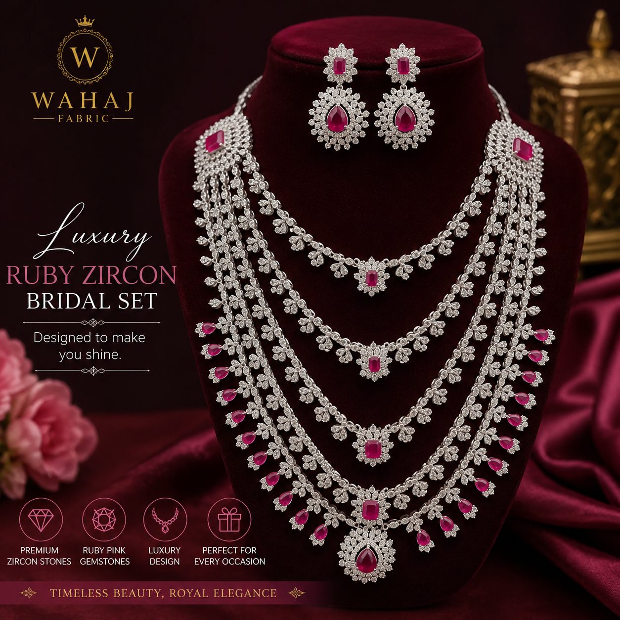 Luxury Ruby Zircon Bridal Necklace Set with Earrings