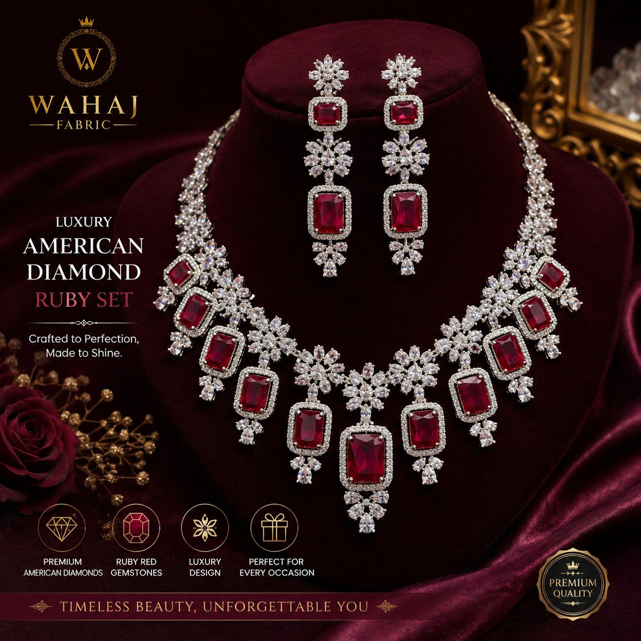 Luxury American Diamond Ruby Bridal Necklace Set with Earrings