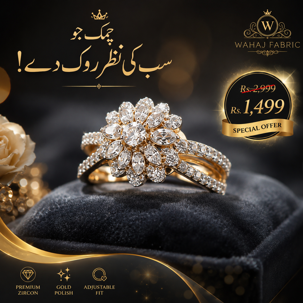 Luxury Zircon Floral Ring – Premium Gold Polish Adjustable Ring for Women