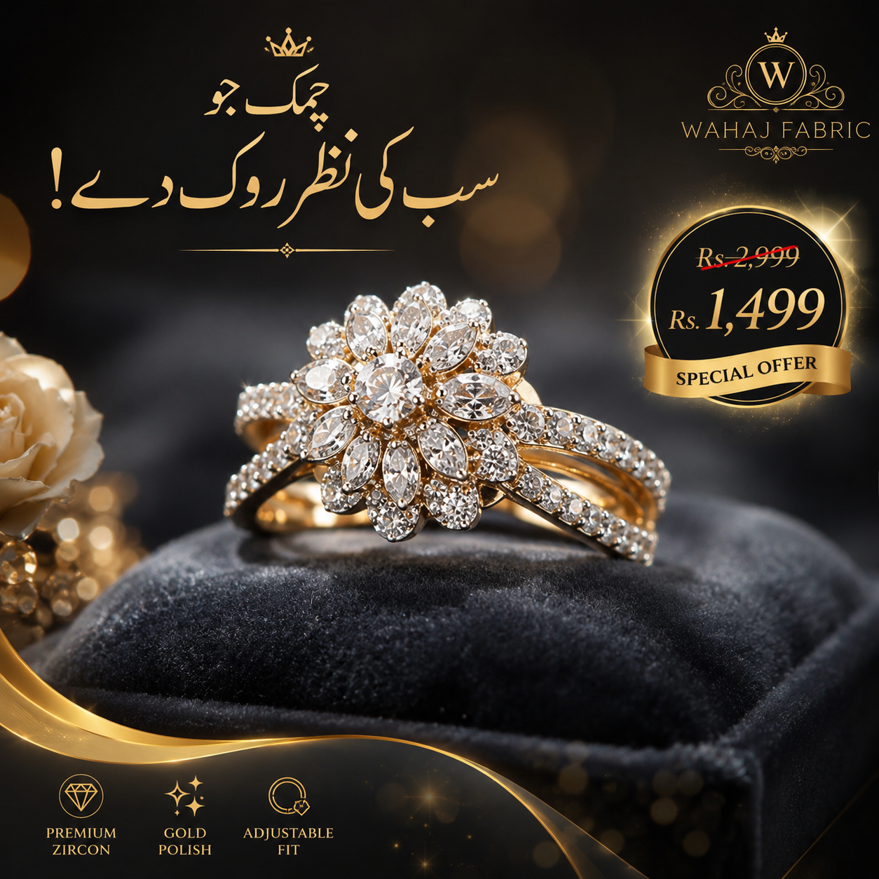 Luxury Zircon Floral Ring – Premium Gold Polish Adjustable Ring for Women