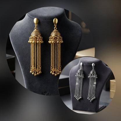 Antique Gold Long Tassel Jhumki Earrings for Women | Traditional Ethnic Earrings