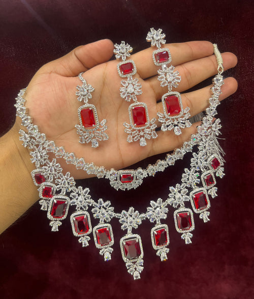 Luxury American Diamond Ruby Bridal Necklace Set with Earrings