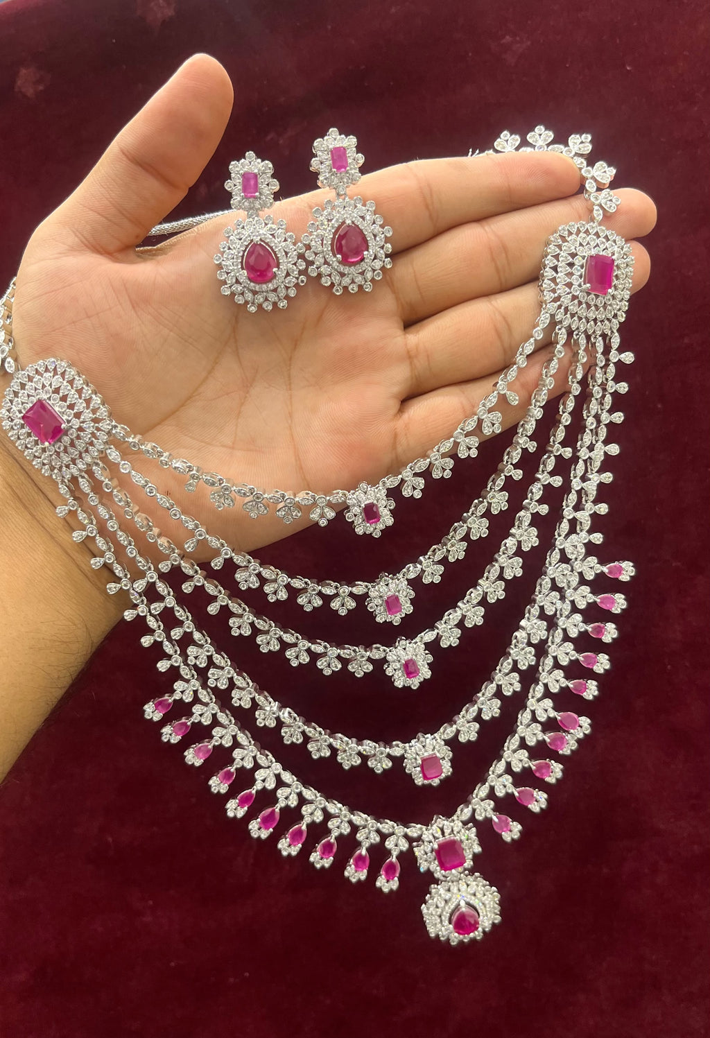 Luxury Ruby Zircon Bridal Necklace Set with Earrings