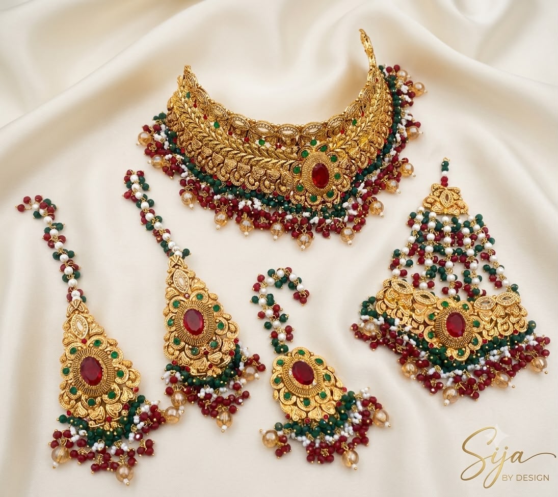 Luxury Antique Gold Bridal Jewelry Set with Ruby & Emerald Stones