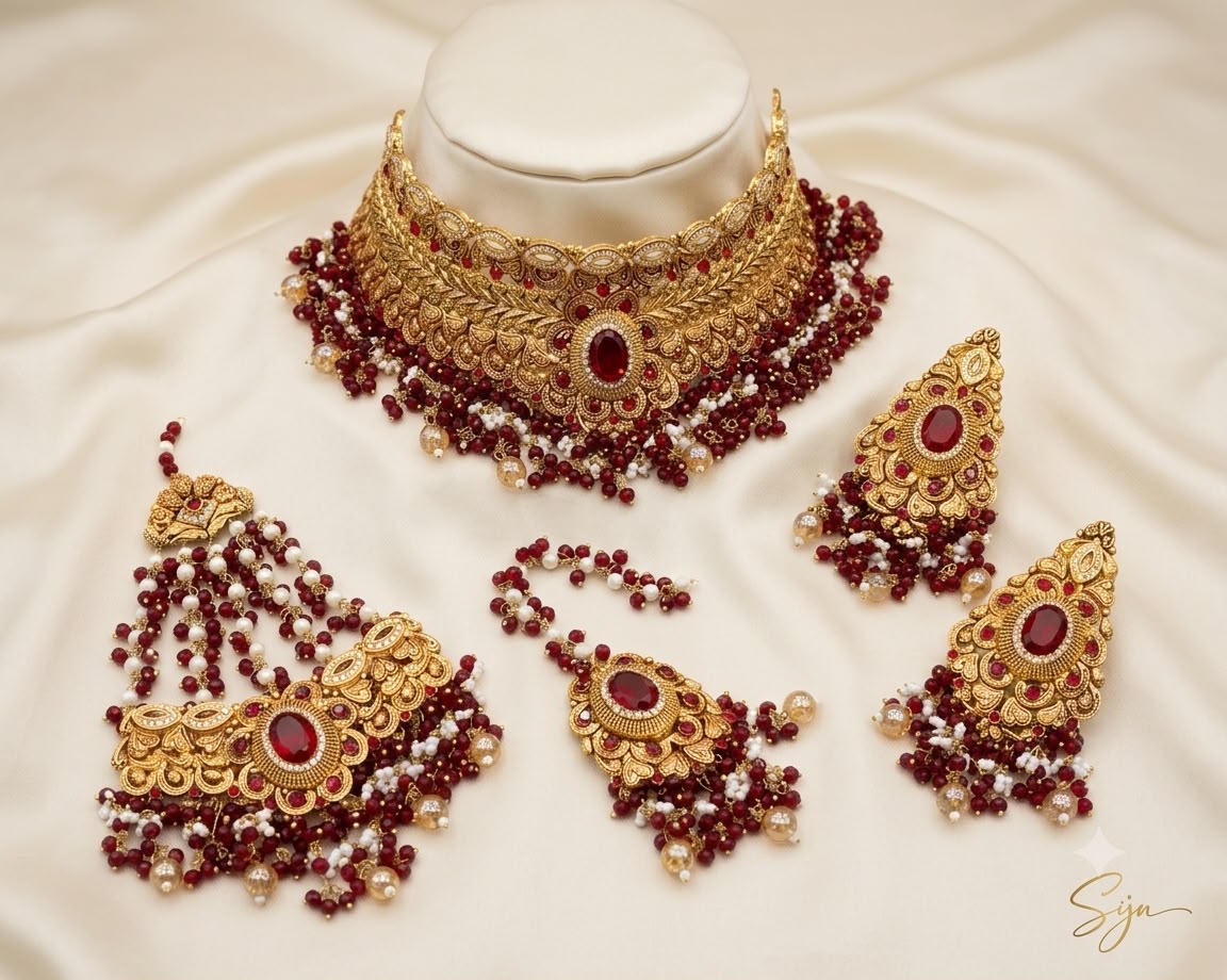 Luxury Antique Gold Bridal Jewelry Set with Ruby & Emerald Stones
