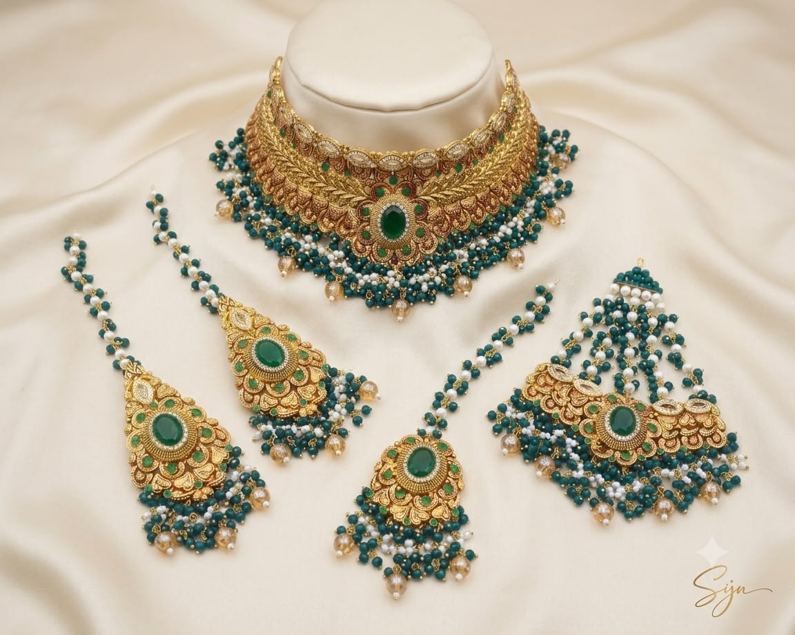 Luxury Antique Gold Bridal Jewelry Set with Ruby & Emerald Stones