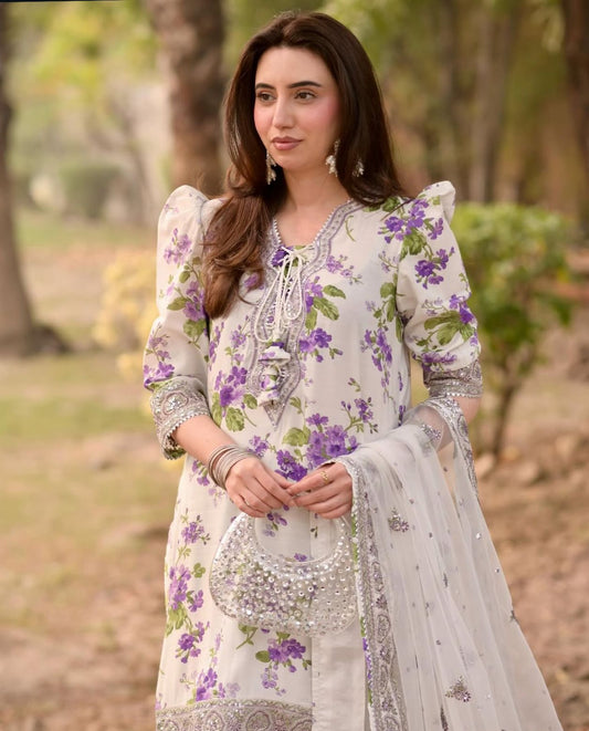 ANEELAS 1069 Luxury Lawn 3-Piece Unstitched Suit – Organza Embroidered Dupatta