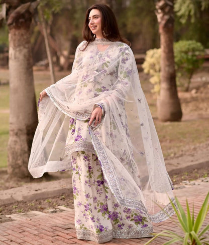 ANEELAS 1069 Luxury Lawn 3-Piece Unstitched Suit – Organza Embroidered Dupatta