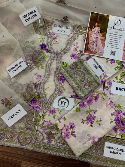 ANEELAS 1069 Luxury Lawn 3-Piece Unstitched Suit – Organza Embroidered Dupatta