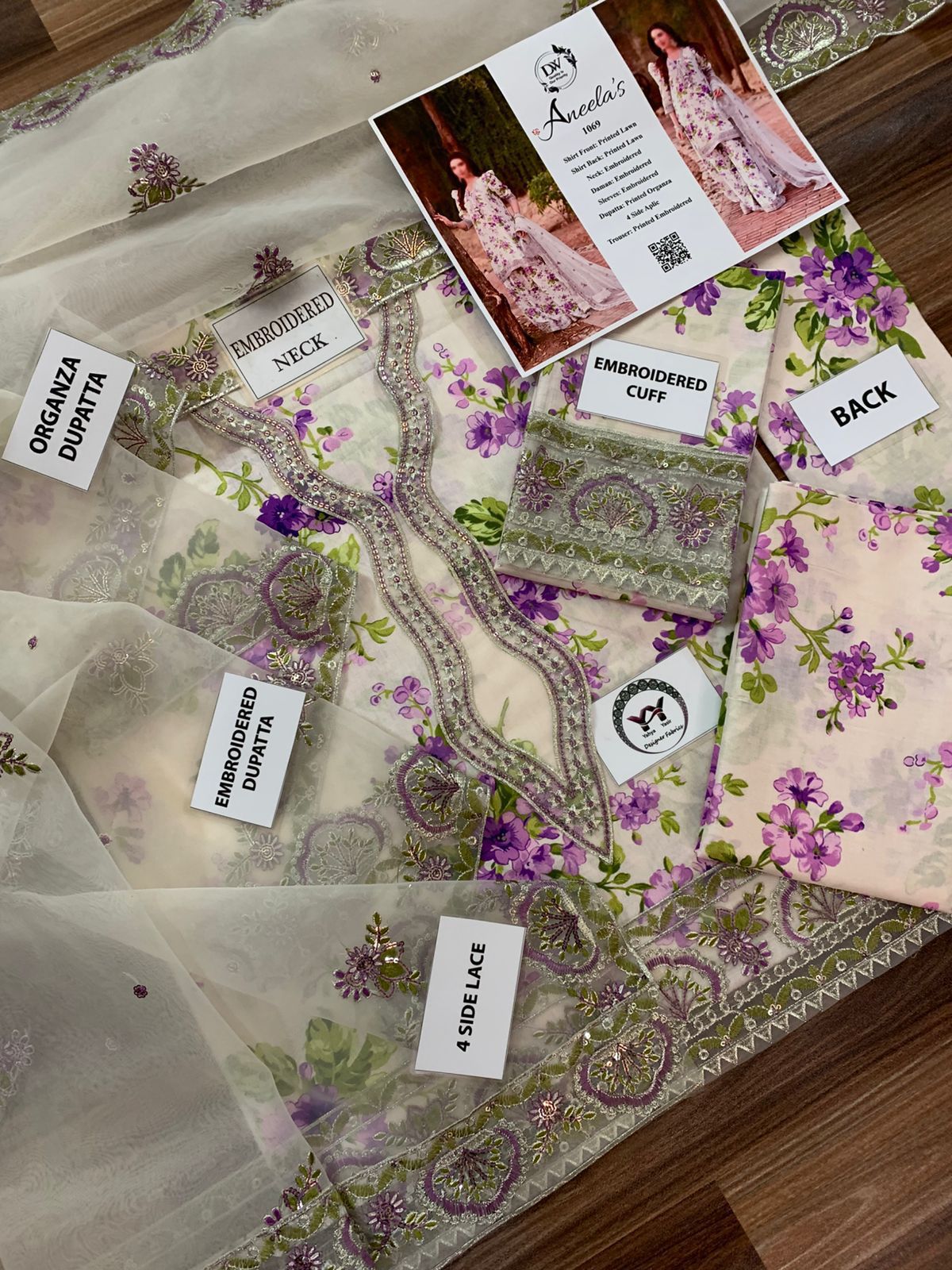 ANEELAS 1069 Luxury Lawn 3-Piece Unstitched Suit – Organza Embroidered Dupatta