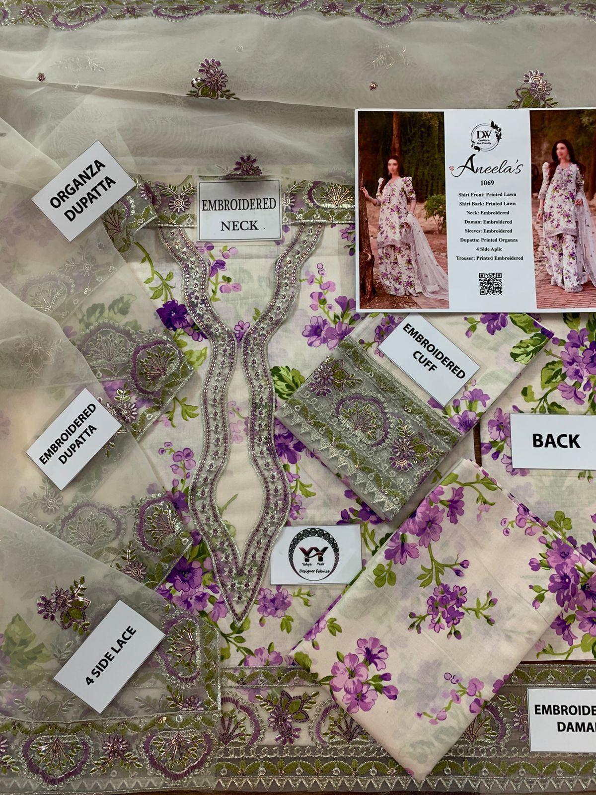 ANEELAS 1069 Luxury Lawn 3-Piece Unstitched Suit – Organza Embroidered Dupatta
