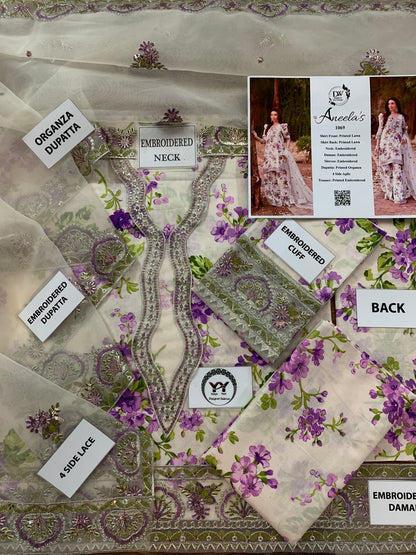 ANEELAS 1069 Luxury Lawn 3-Piece Unstitched Suit – Organza Embroidered Dupatta