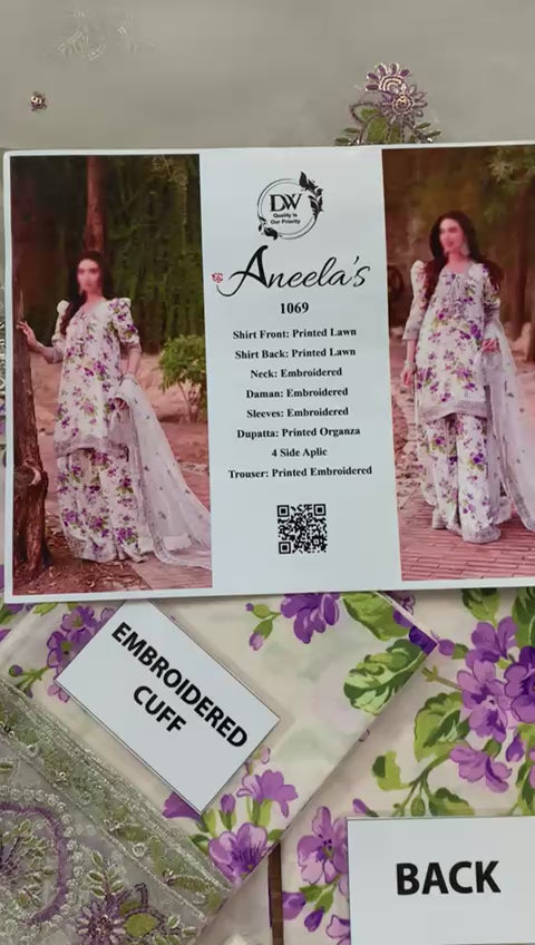 ANEELAS 1069 Luxury Lawn 3-Piece Unstitched Suit – Organza Embroidered Dupatta